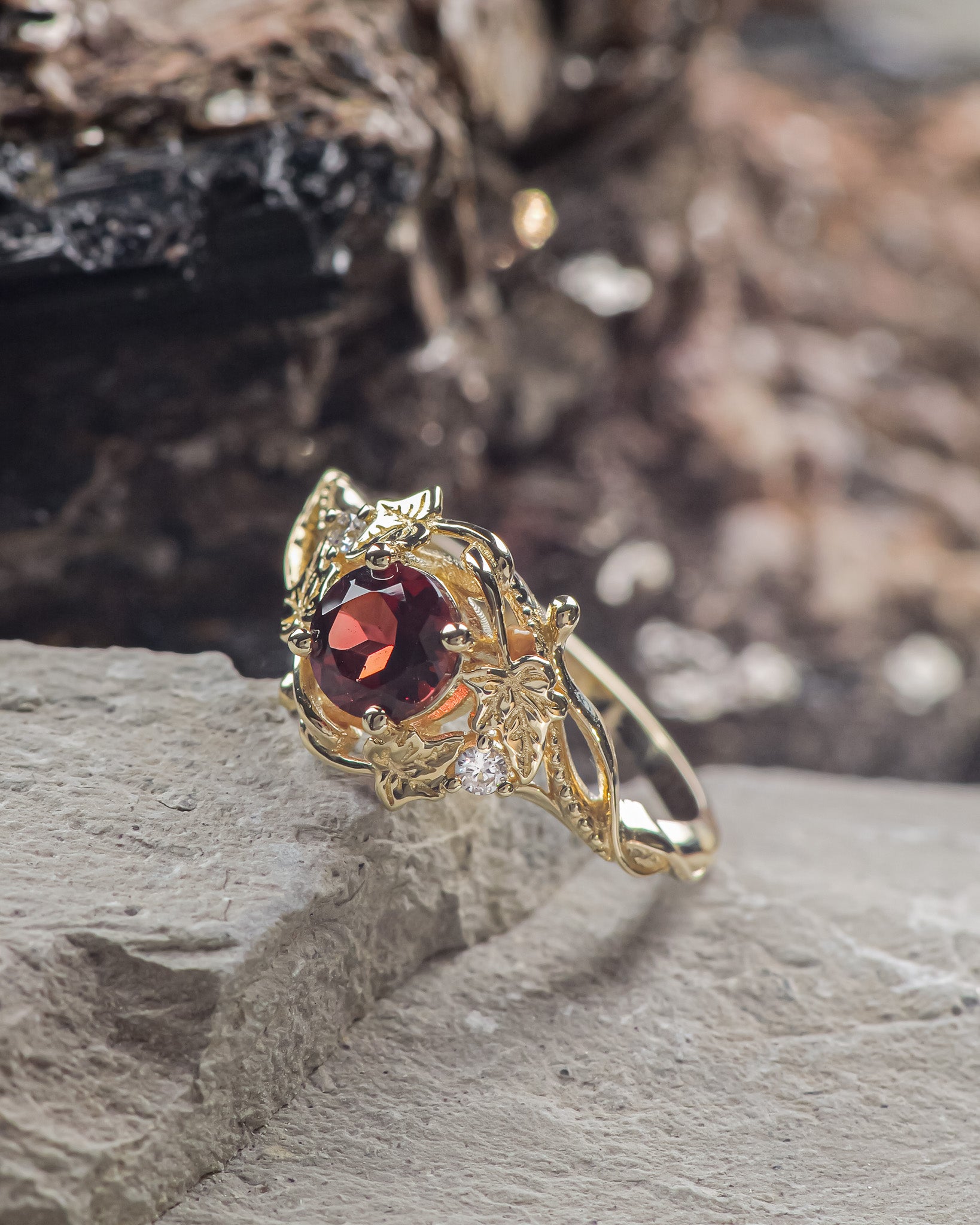 READY TO SHIP: Undina engagement ring in 14K yellow gold, round garnet & accent lab diamonds, RING SIZES: 5.5 - 8.5 US