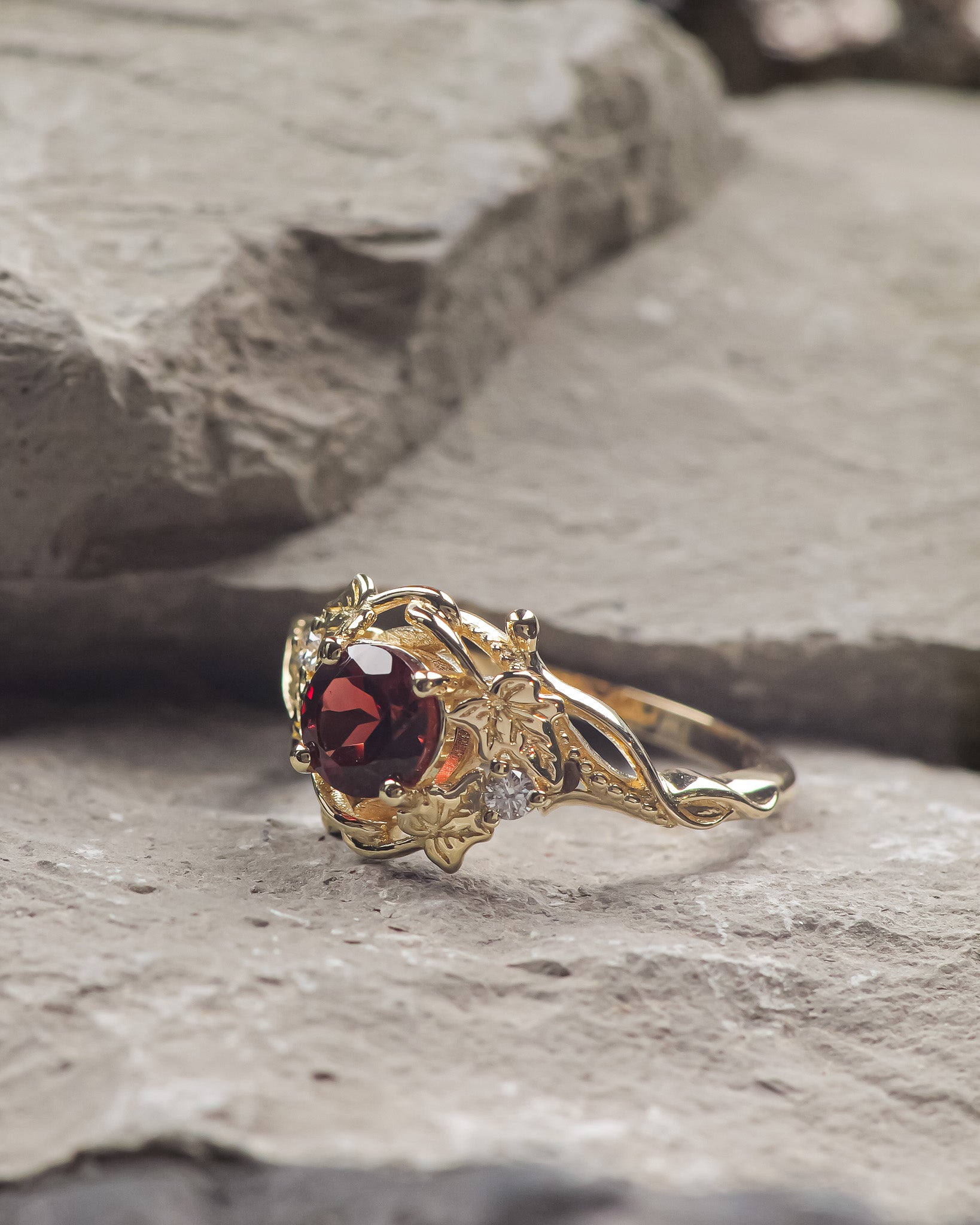 READY TO SHIP: Undina engagement ring in 14K yellow gold, round garnet & accent lab diamonds, RING SIZES: 5.5 - 8.5 US