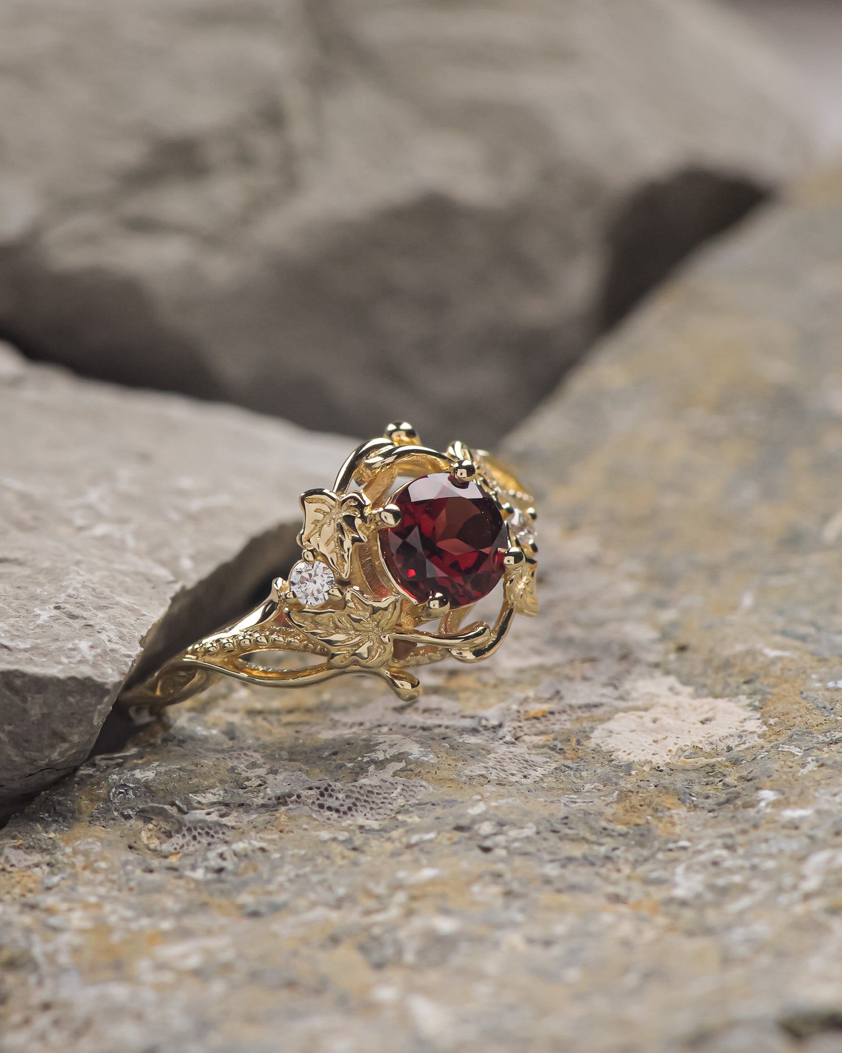 READY TO SHIP: Undina engagement ring in 14K yellow gold, round garnet & accent lab diamonds, RING SIZES: 5.5 - 8.5 US