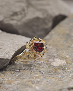 READY TO SHIP: Undina engagement ring in 14K yellow gold, round garnet & accent lab diamonds, RING SIZES: 5.5 - 8.5 US