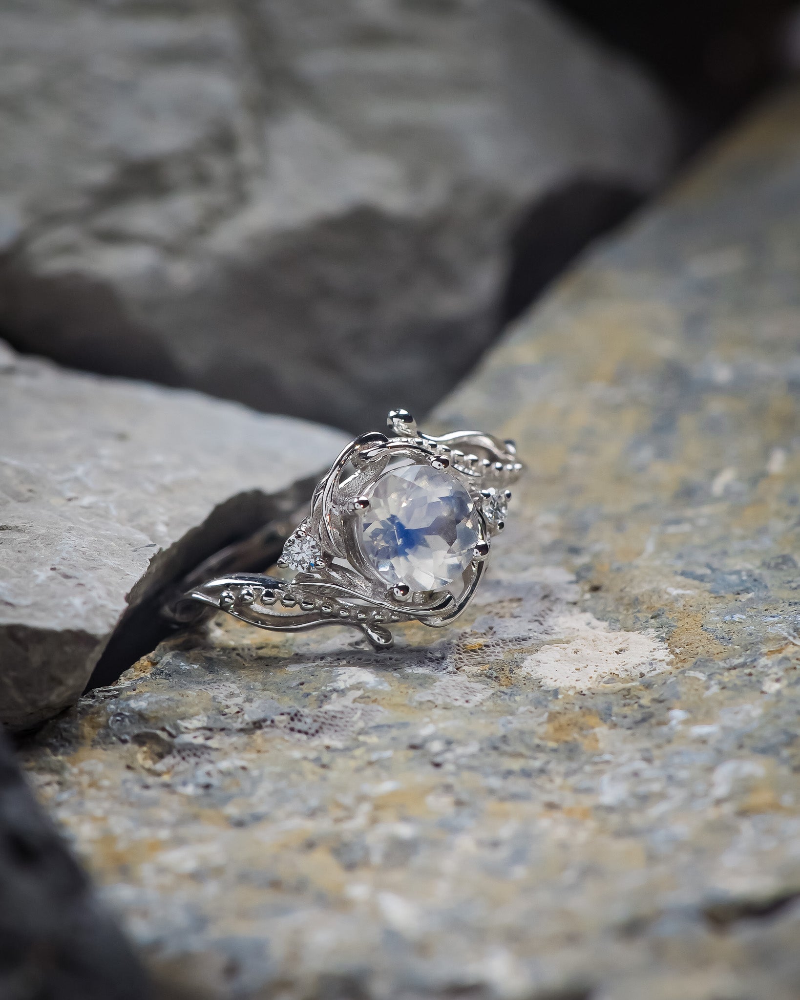 Moonstone engagement ring with diamonds, gold rainbow gemstone ring / Undina - Eden Garden Jewelry™