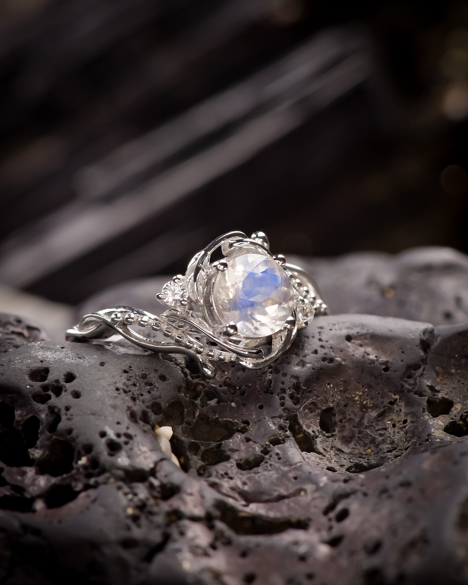 Moonstone engagement ring with diamonds, gold rainbow gemstone ring / Undina - Eden Garden Jewelry™