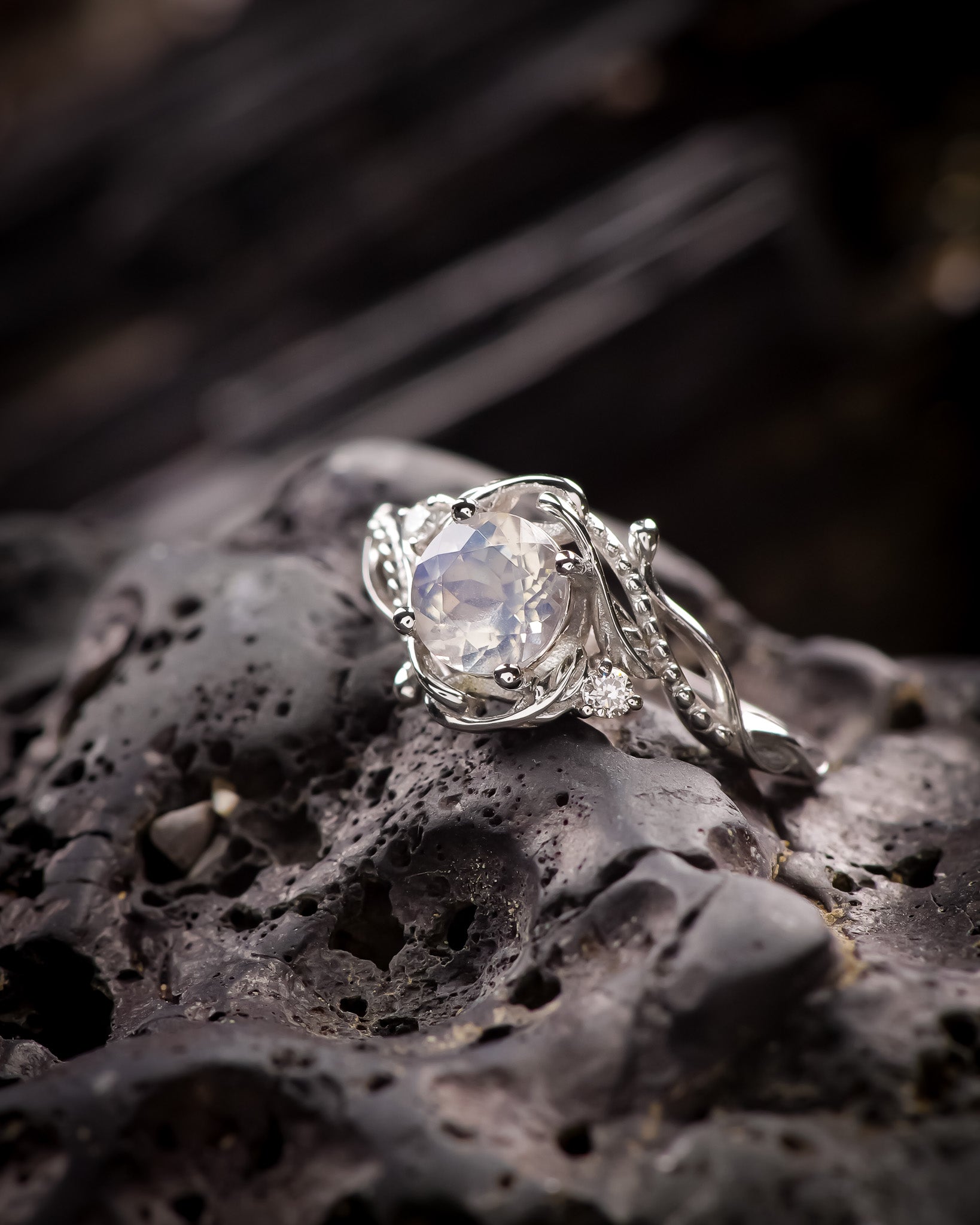 Moonstone engagement ring with diamonds, gold rainbow gemstone ring / Undina - Eden Garden Jewelry™