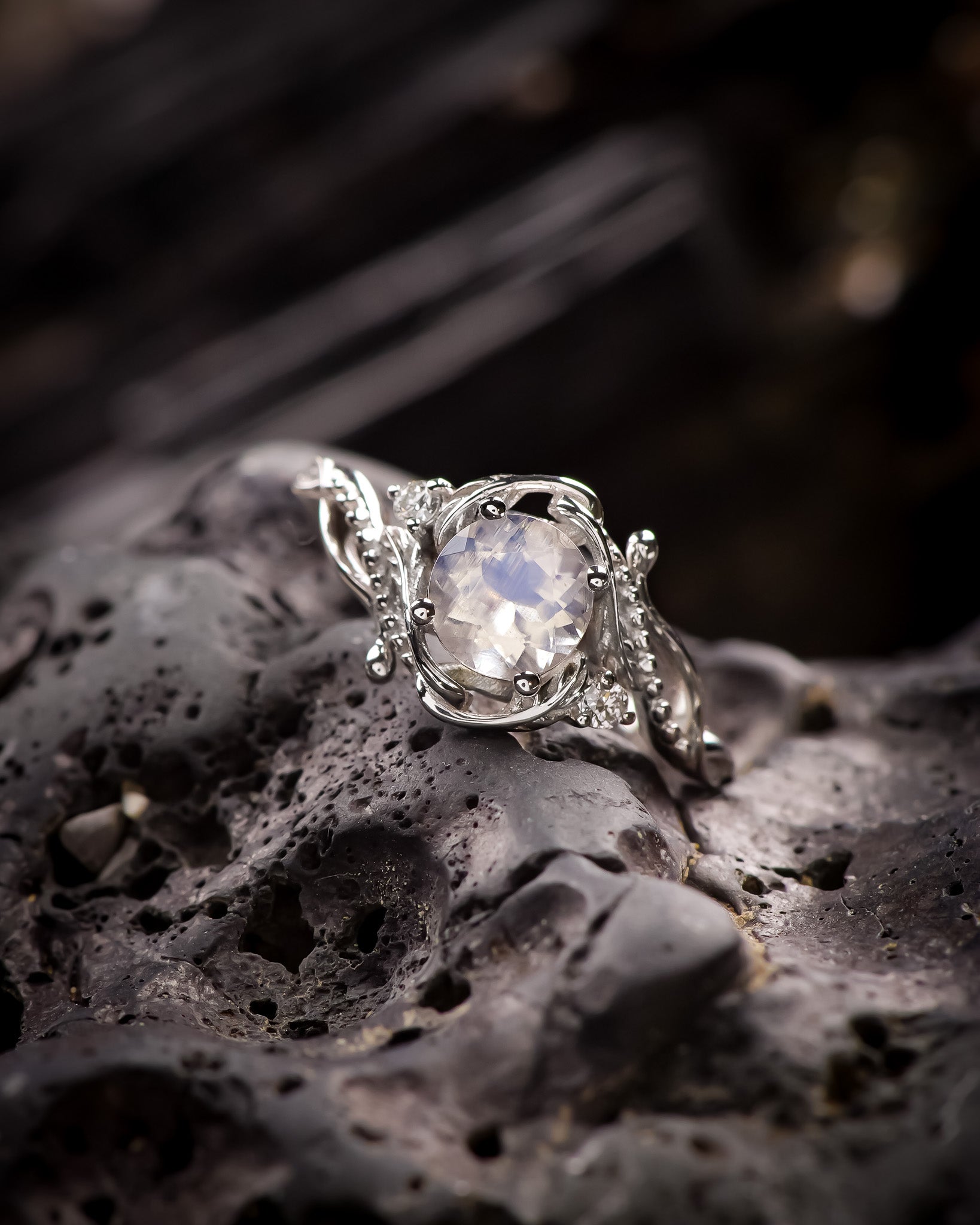 READY TO SHIP: Undina engagement ring in 14K white gold, round moonstone & accent lab diamonds, RING SIZES: 5.5 - 8.5 US