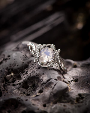 READY TO SHIP: Undina engagement ring in 14K white gold, round moonstone & accent lab diamonds, RING SIZES: 5.5 - 8.5 US