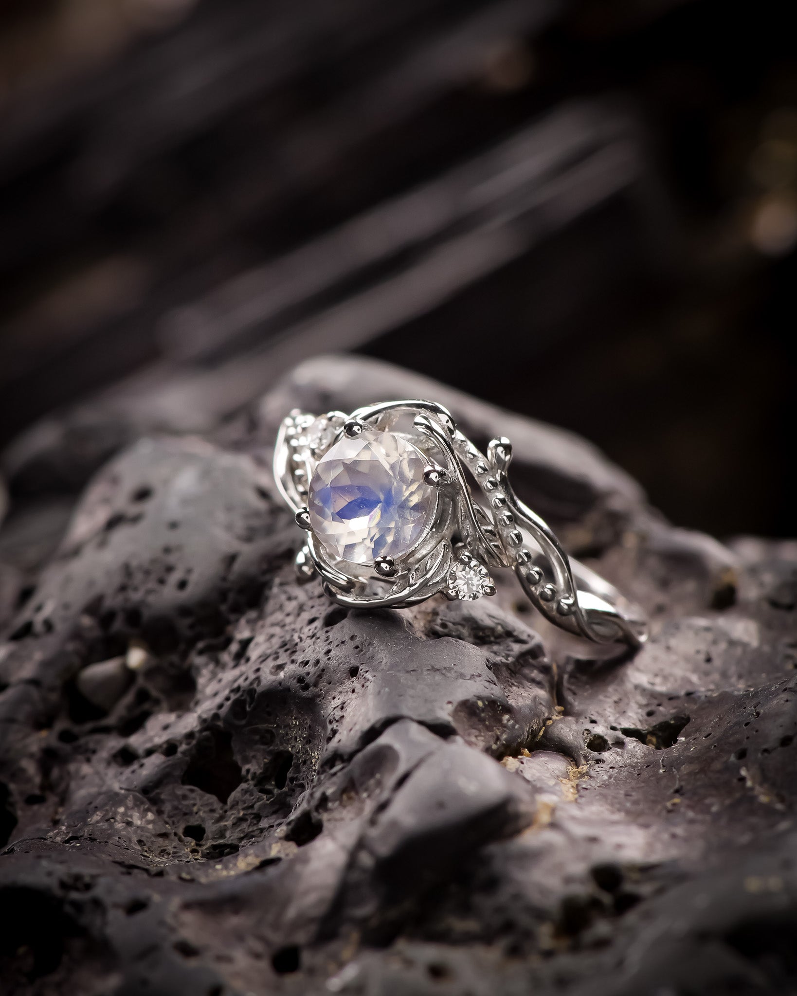 Moonstone engagement ring with diamonds, gold rainbow gemstone ring / Undina - Eden Garden Jewelry™