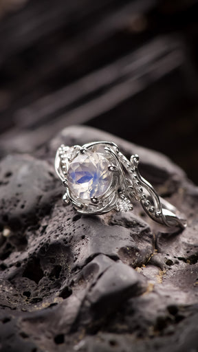 Moonstone engagement ring with diamonds, gold rainbow gemstone ring / Undina - Eden Garden Jewelry™
