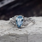 Blue lab grown diamond engagement ring, white gold nature inspired ring with leaves and diamonds / Patricia - Eden Garden Jewelry™