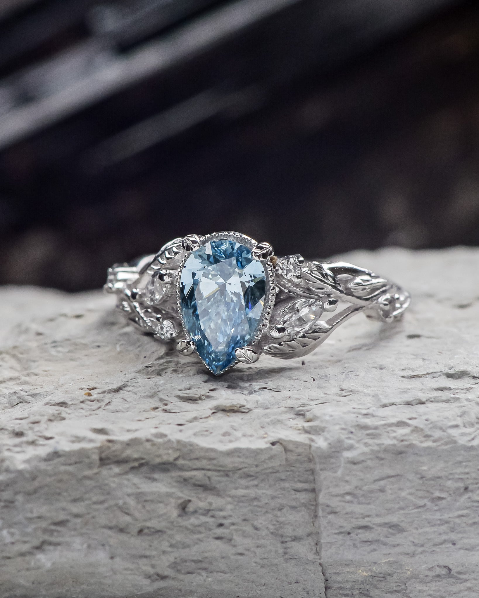 Blue lab grown diamond engagement ring, white gold nature inspired ring with leaves and diamonds / Patricia - Eden Garden Jewelry™