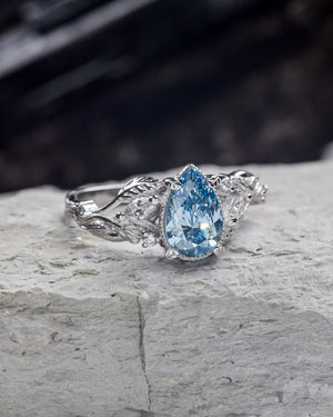 One of a kind blue lab-grown diamond engagement ring set, white gold twig stacking rings with diamonds / Patricia