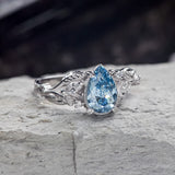 Blue lab grown diamond engagement ring, white gold nature inspired ring with leaves and diamonds / Patricia - Eden Garden Jewelry™
