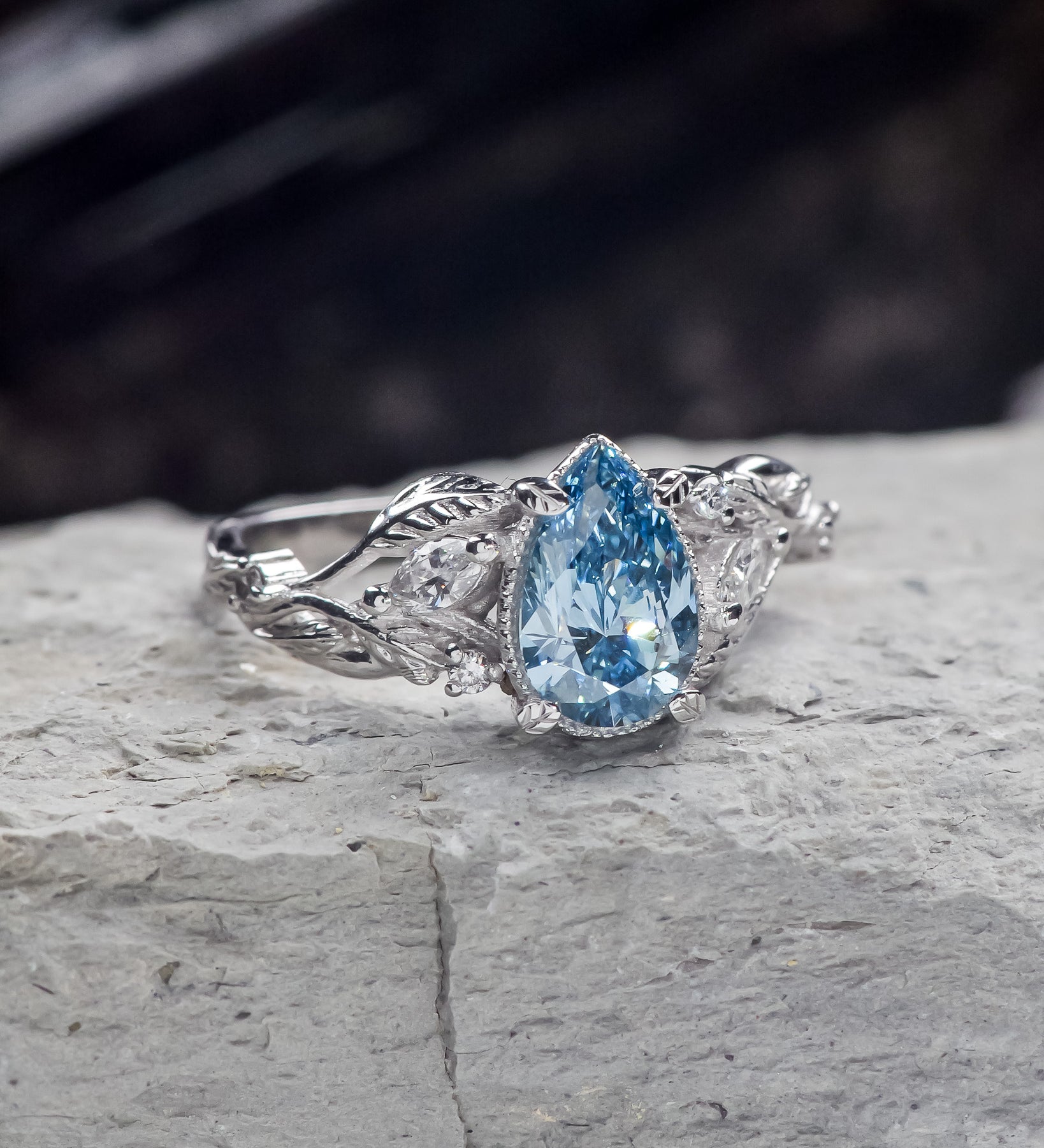 Blue lab grown diamond engagement ring, white gold nature inspired ring with leaves and diamonds / Patricia - Eden Garden Jewelry™