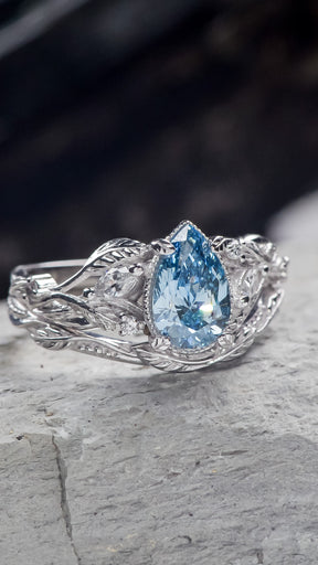 One of a kind blue lab-grown diamond engagement ring set, white gold twig stacking rings with diamonds / Patricia - Eden Garden Jewelry™