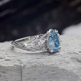 Blue lab grown diamond engagement ring, white gold nature inspired ring with leaves and diamonds / Patricia - Eden Garden Jewelry™