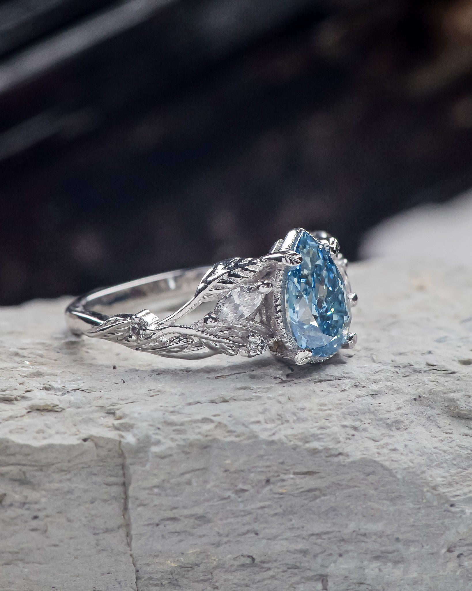 Blue lab grown diamond engagement ring, white gold nature inspired ring with leaves and diamonds / Patricia