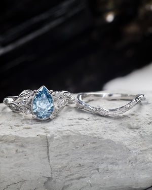 One of a kind blue lab-grown diamond engagement ring set, white gold twig stacking rings with diamonds / Patricia