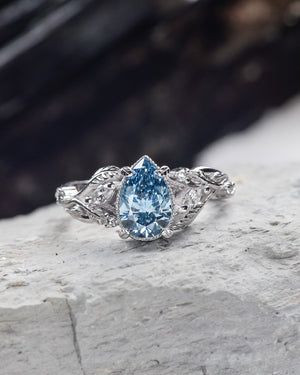 Blue lab grown diamond engagement ring, white gold nature inspired ring with leaves and diamonds / Patricia