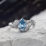 Blue lab grown diamond engagement ring, white gold nature inspired ring with leaves and diamonds / Patricia - Eden Garden Jewelry™