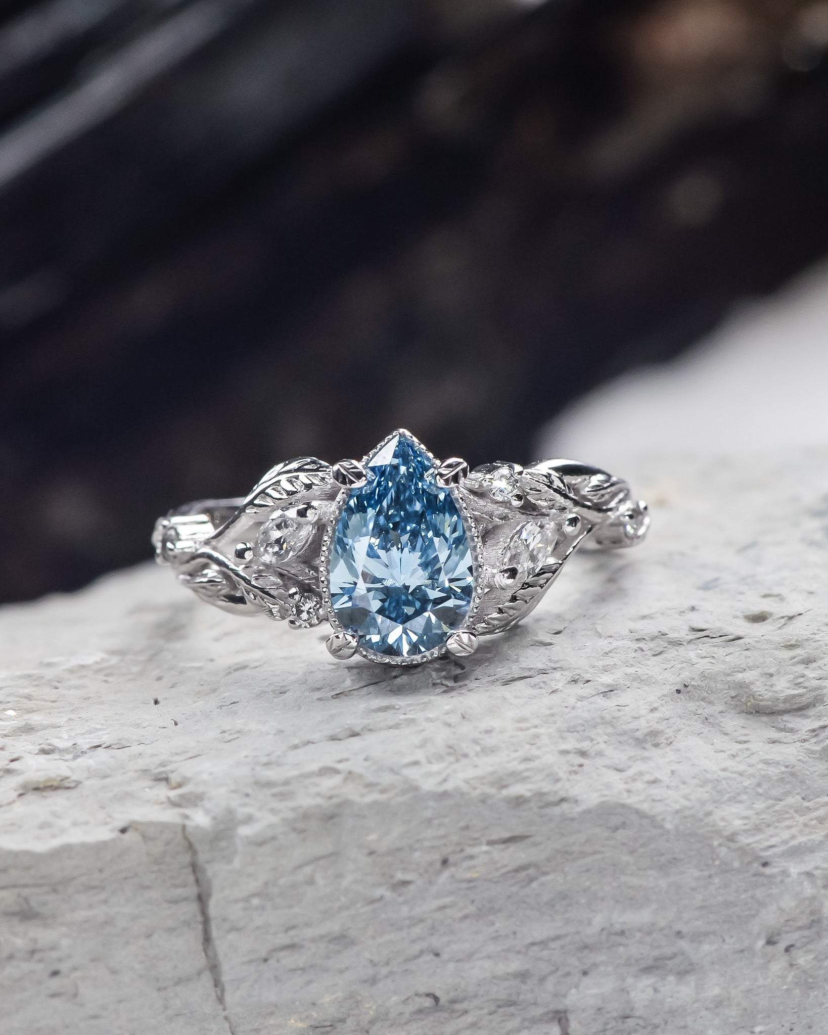 Blue lab grown diamond engagement ring, white gold nature inspired ring with leaves and diamonds / Patricia - Eden Garden Jewelry™