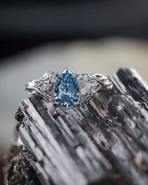 Blue lab grown diamond engagement ring, white gold nature inspired ring with leaves and diamonds / Patricia