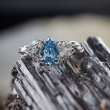 Blue lab grown diamond engagement ring, white gold nature inspired ring with leaves and diamonds / Patricia - Eden Garden Jewelry™