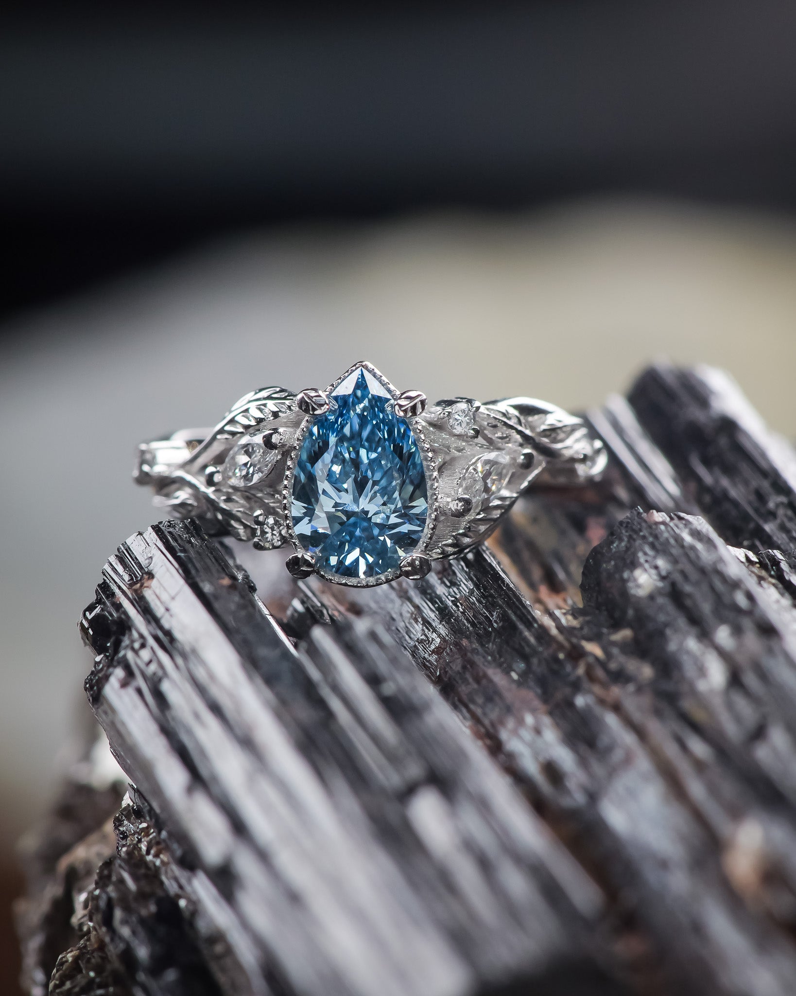 Blue lab grown diamond engagement ring, white gold nature inspired ring with leaves and diamonds / Patricia - Eden Garden Jewelry™