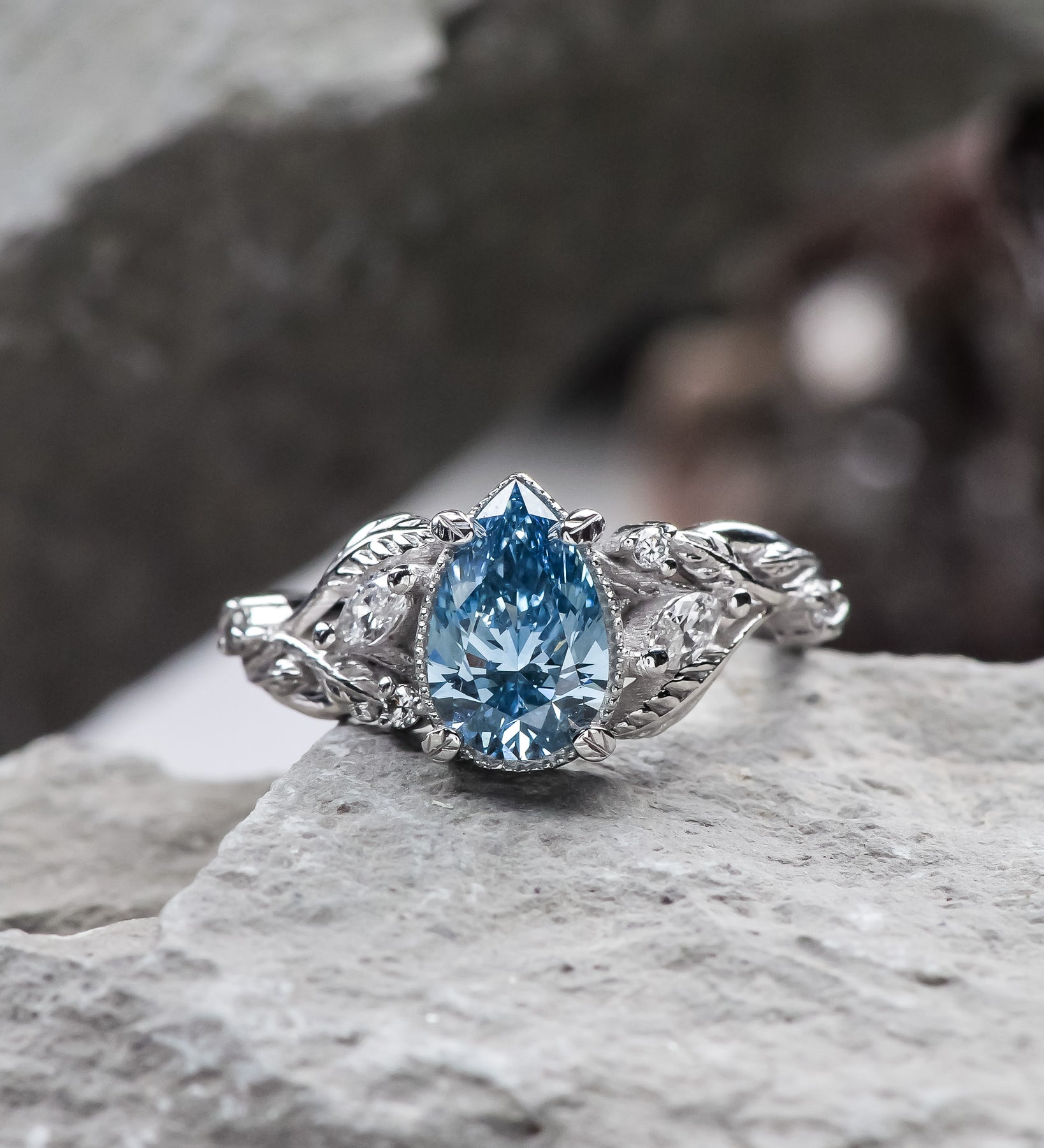 Blue lab grown diamond engagement ring, white gold nature inspired ring with leaves and diamonds / Patricia - Eden Garden Jewelry™