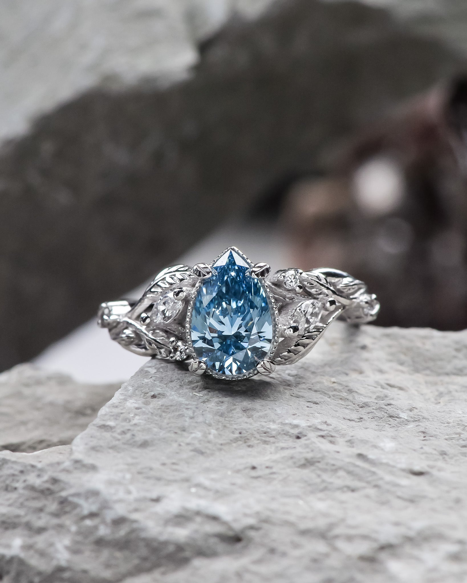 Blue lab grown diamond engagement ring, white gold nature inspired ring with leaves and diamonds / Patricia - Eden Garden Jewelry™