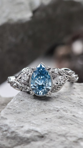 Blue lab grown diamond engagement ring, white gold nature inspired ring with leaves and diamonds / Patricia - Eden Garden Jewelry™