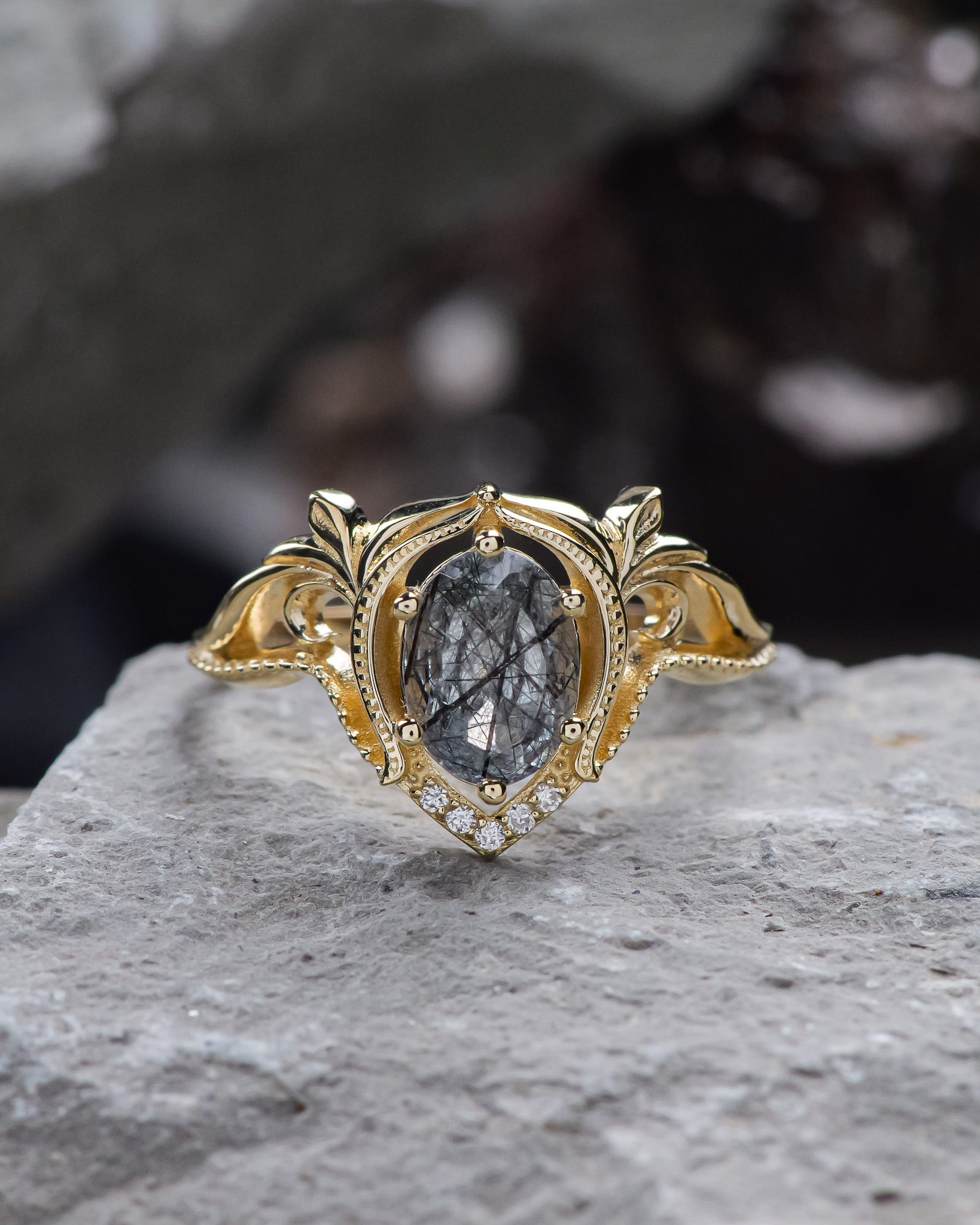 Oval-cut rutile quartz engagement ring with accent diamonds / Lida - Eden Garden Jewelry™