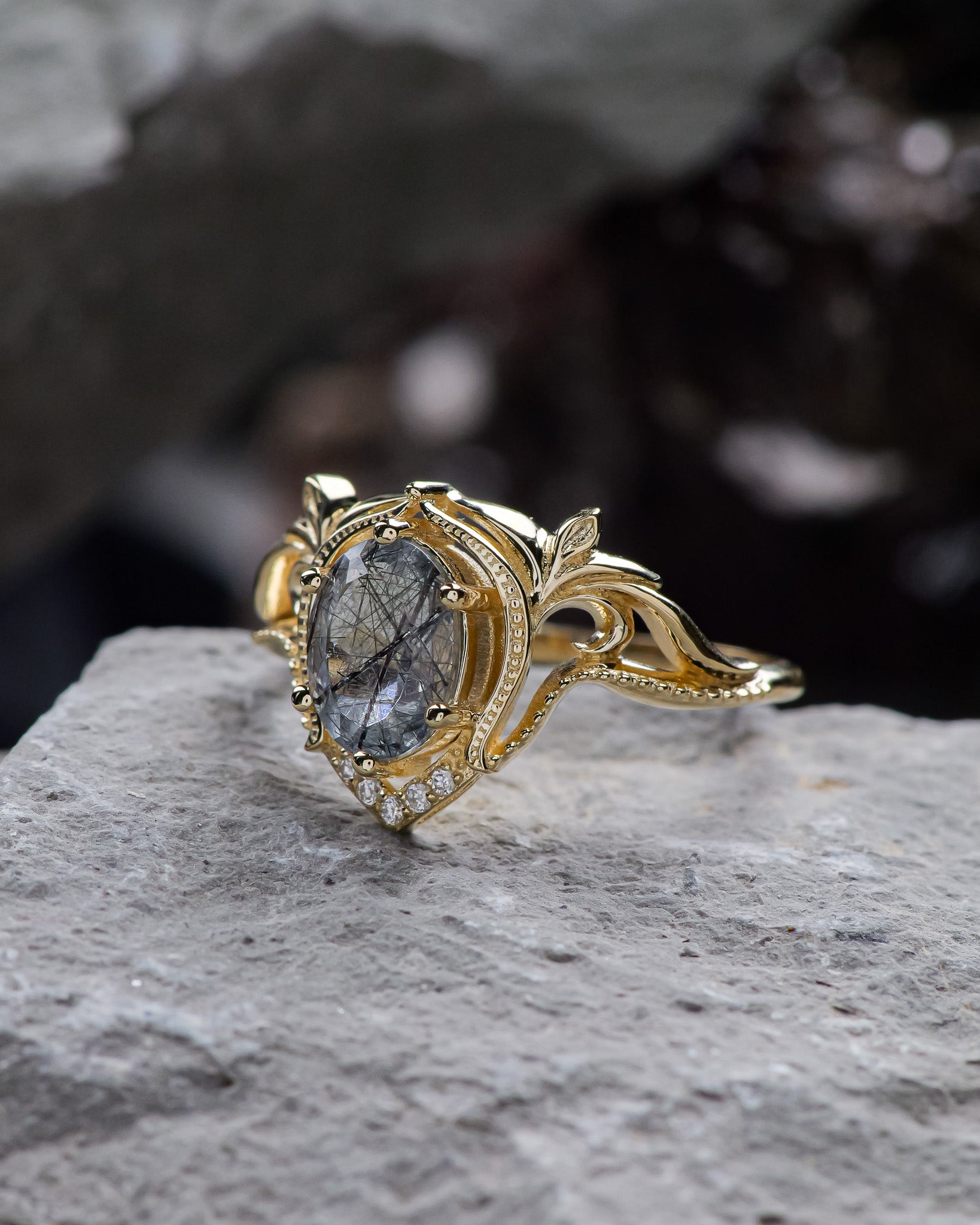 Oval-cut rutile quartz engagement ring with accent diamonds / Lida - Eden Garden Jewelry™