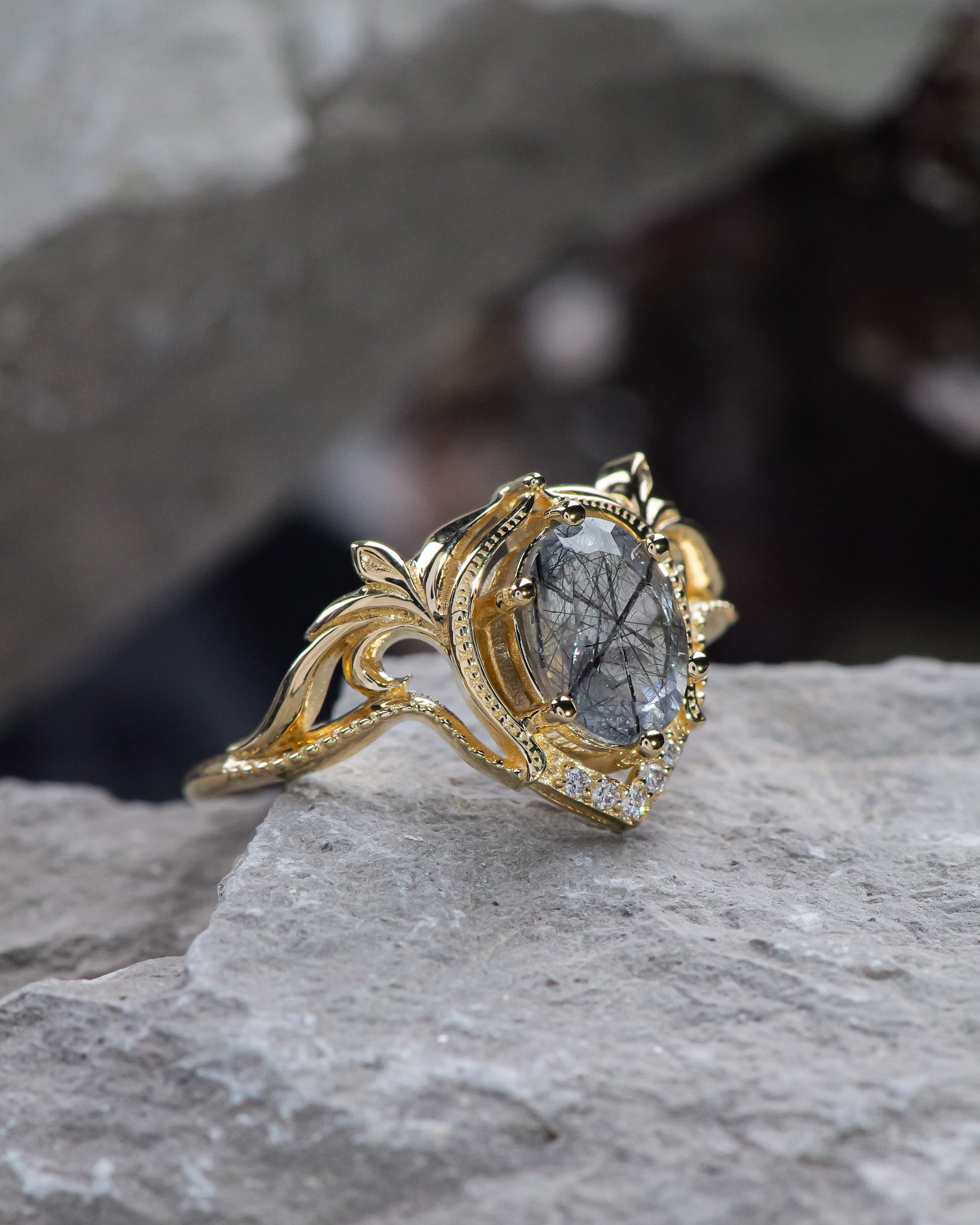 Oval-cut rutile quartz engagement ring with accent diamonds / Lida - Eden Garden Jewelry™