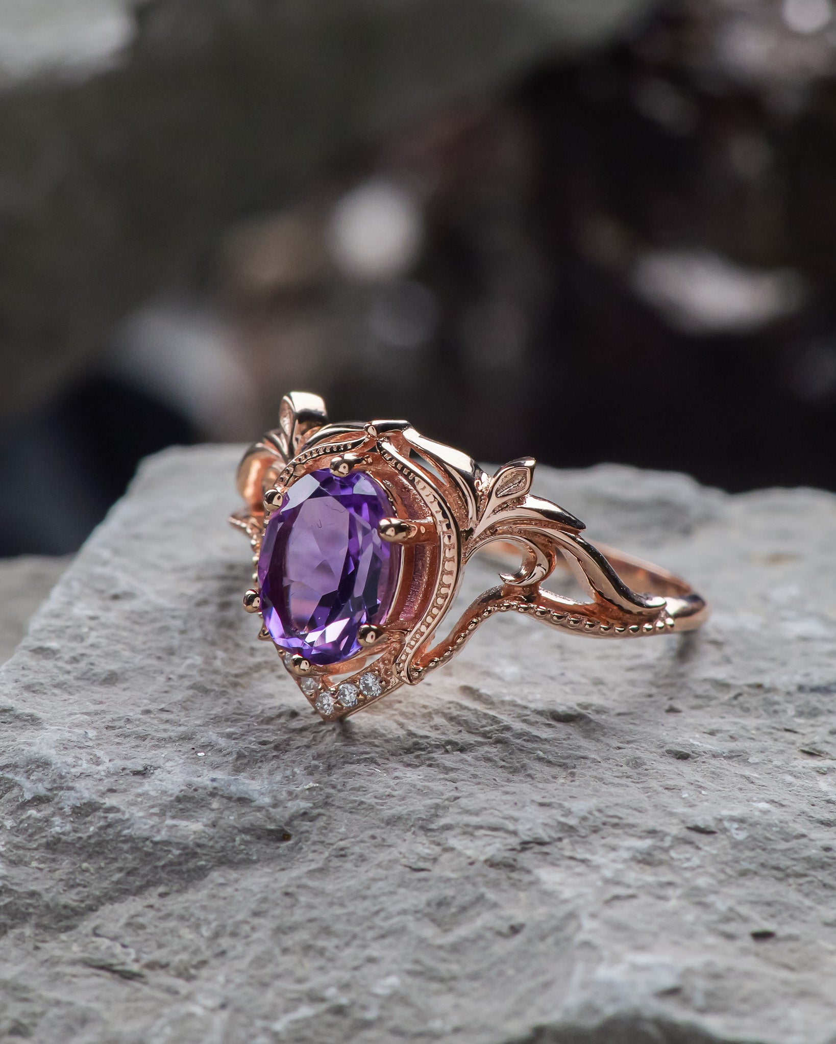 Diamond engagement ring with amethyst, unique promise ring / Lida - Eden Garden Jewelry™