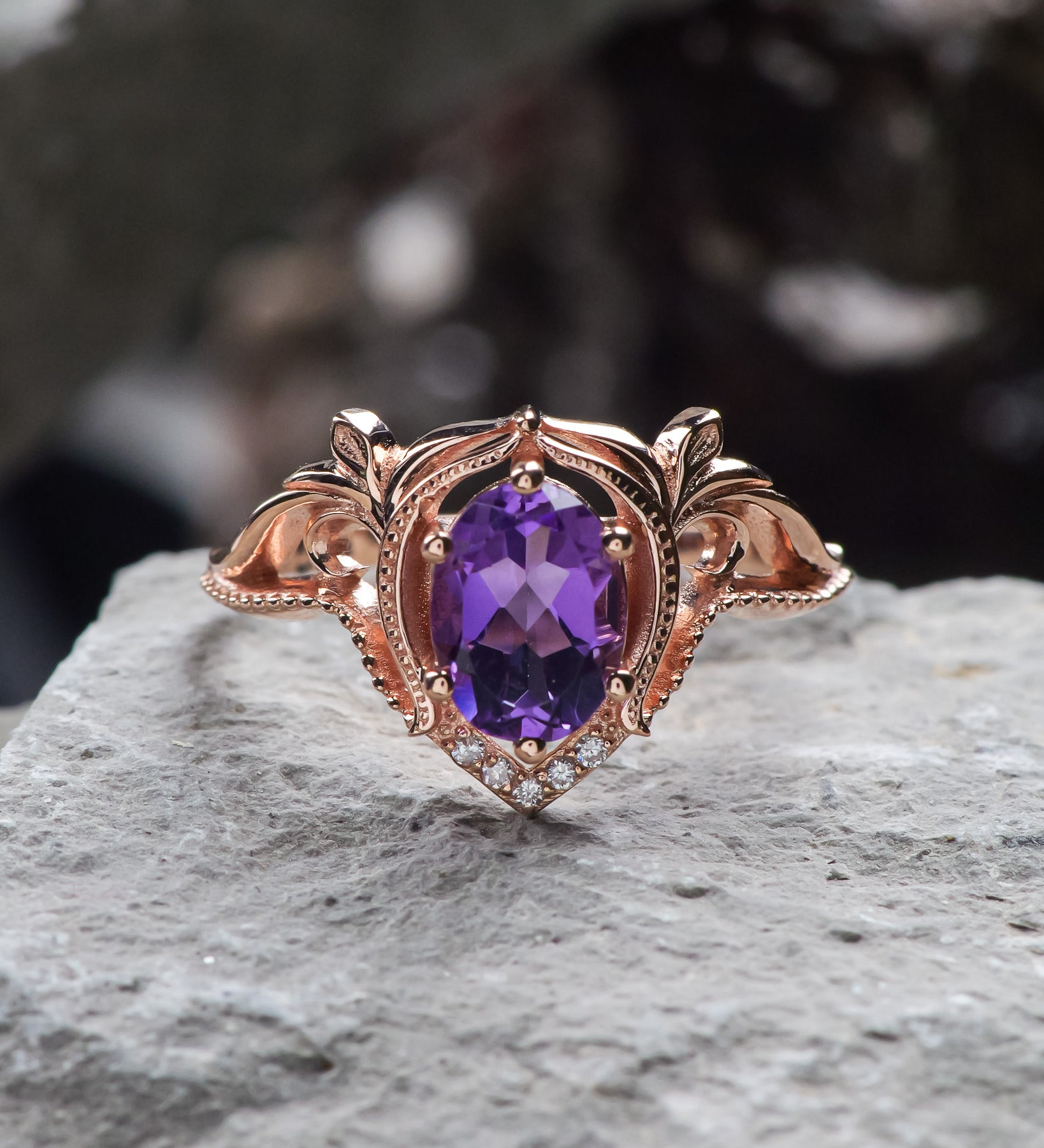 READY TO SHIP: Lida engagement ring with oval cut amethyst in 14K rose gold, RING SIZES: 5.5 - 8.5 US - Eden Garden Jewelry™