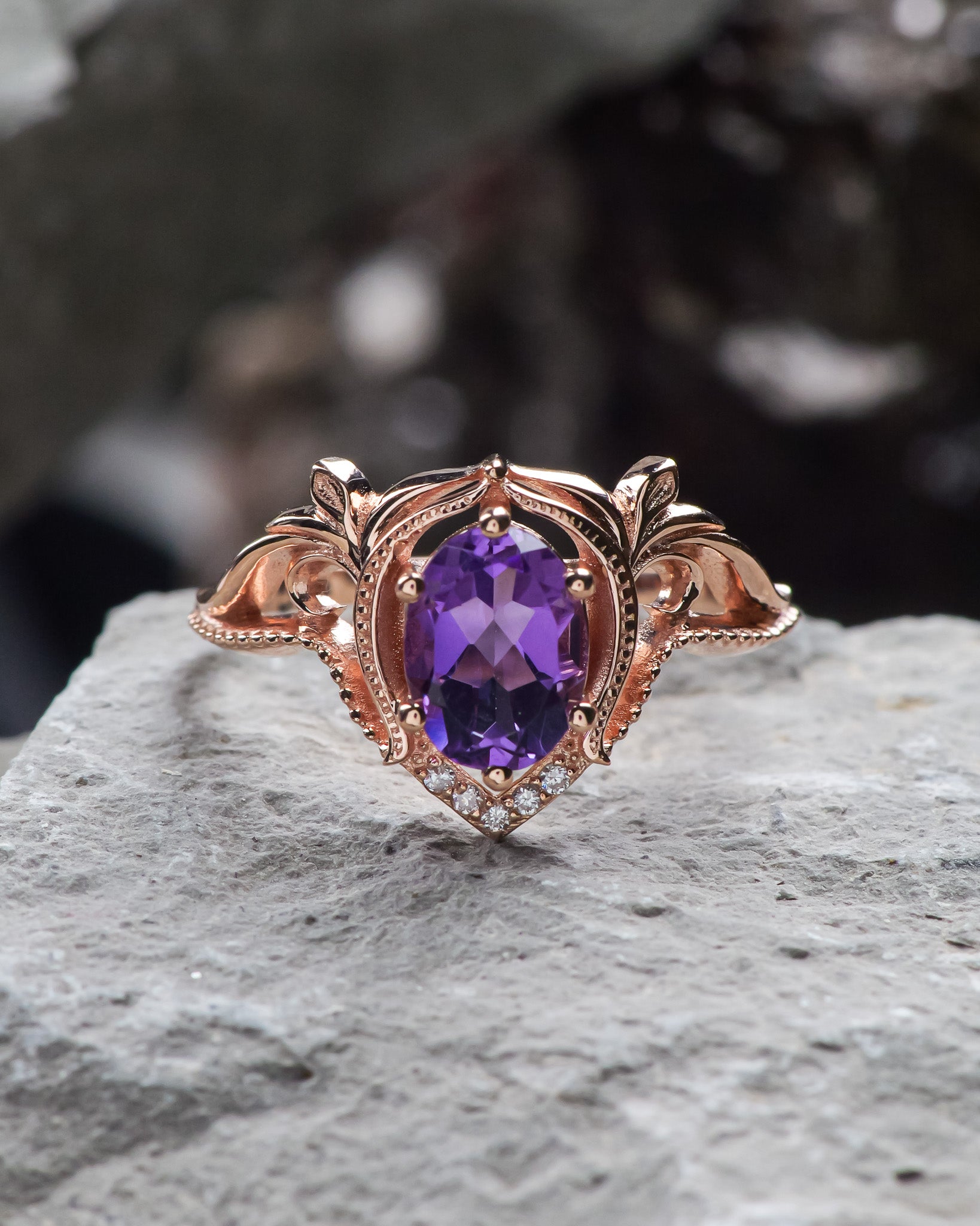 READY TO SHIP: Lida engagement ring with oval cut amethyst in 14K rose gold, RING SIZES: 5.5 - 8.5 US