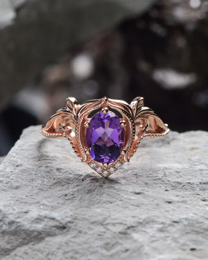 READY TO SHIP: Lida engagement ring with oval cut amethyst in 14K rose gold, RING SIZES: 5.5 - 8.5 US