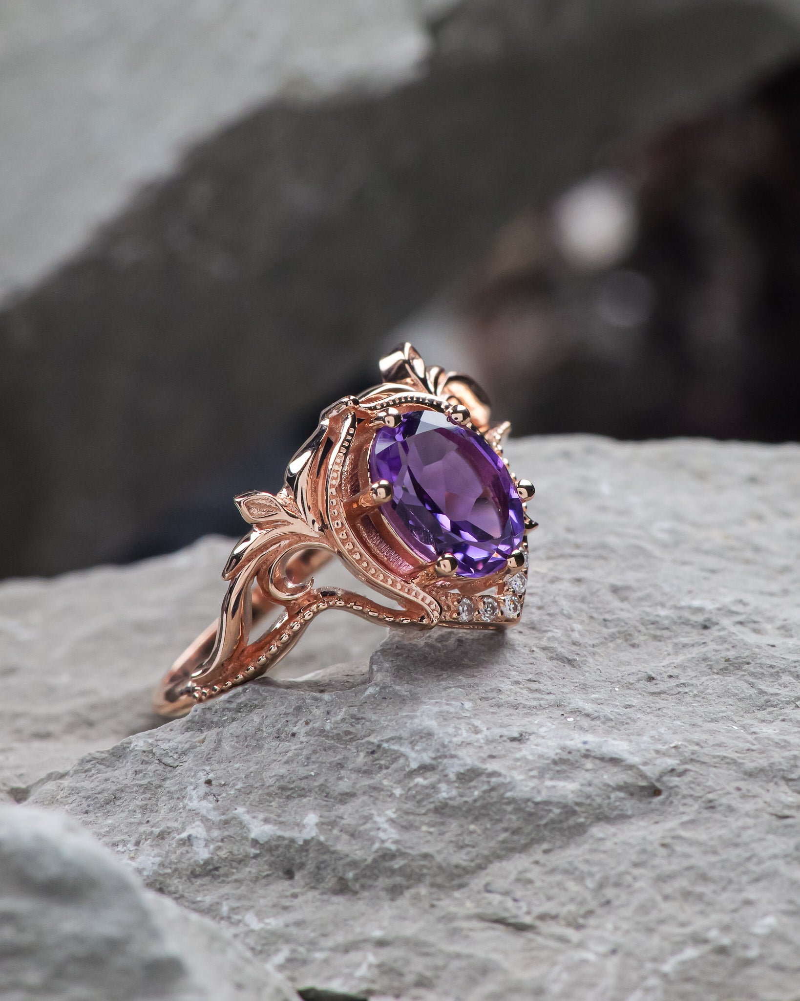 READY TO SHIP: Lida engagement ring with oval cut amethyst in 14K rose gold, RING SIZES: 5.5 - 8.5 US