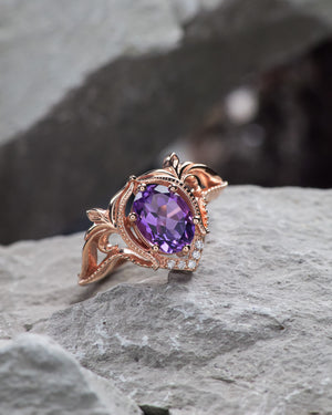 Diamond engagement ring with amethyst, unique promise ring / Lida