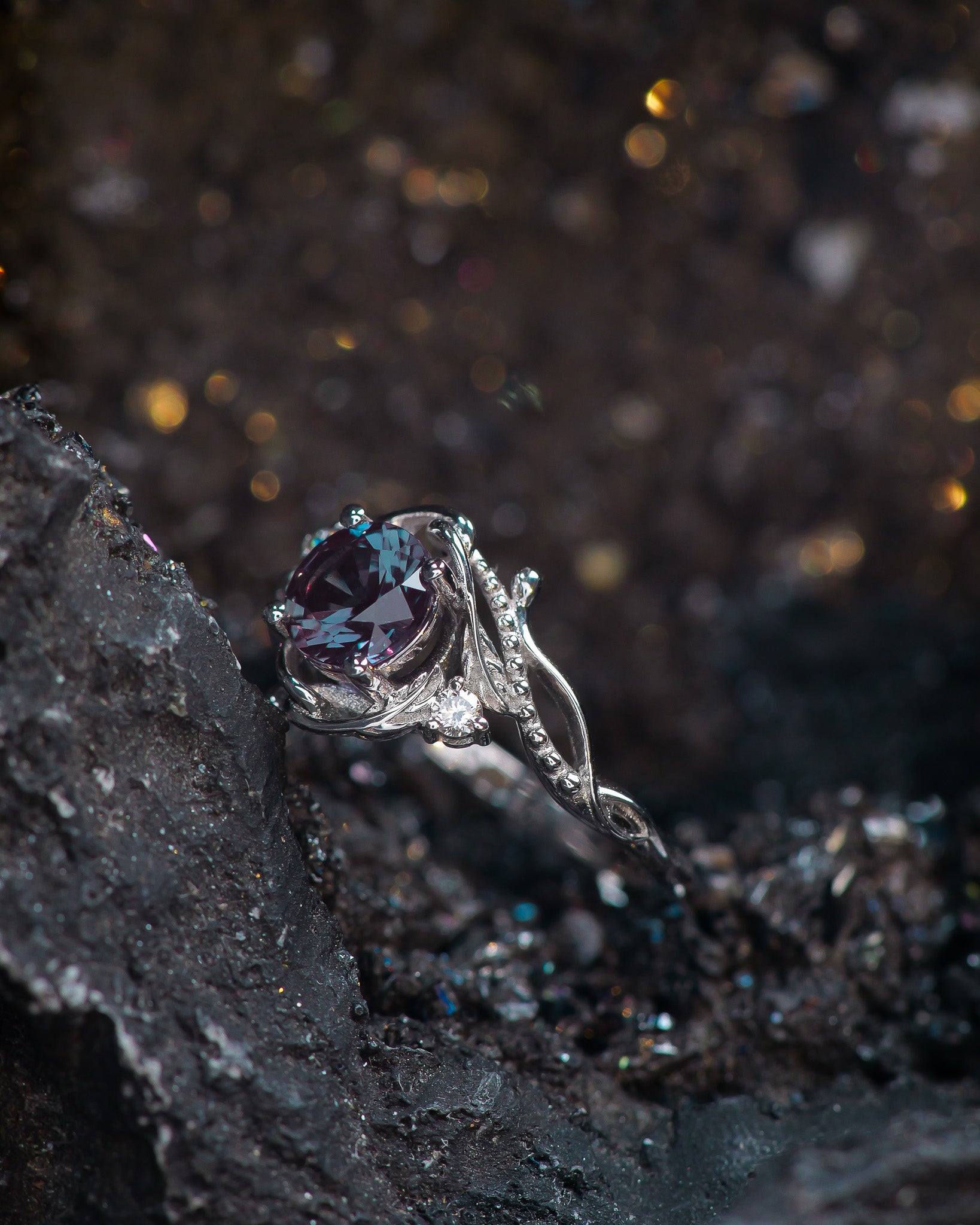 READY TO SHIP: Undina in 14K white gold, lab alexandrite 6.5 mm & accent lab diamonds, AVAILABLE RING SIZES: 5.5 - 8.5 US