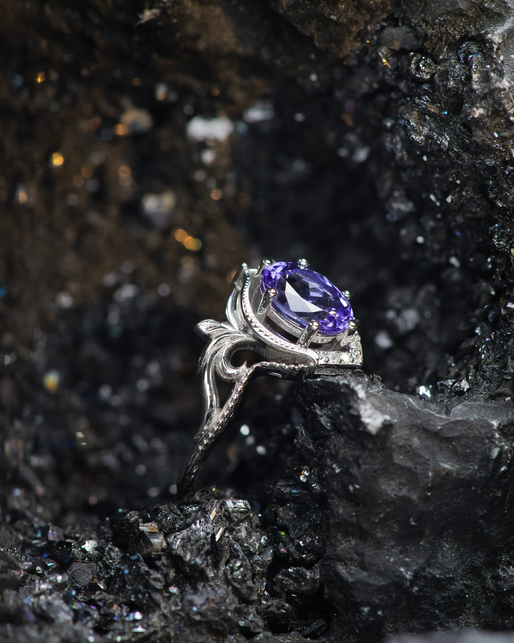 READY TO SHIP: Lida engagement ring with oval-cut tanzanite in 14K white gold, RING SIZES: 5.5 - 8.5 US