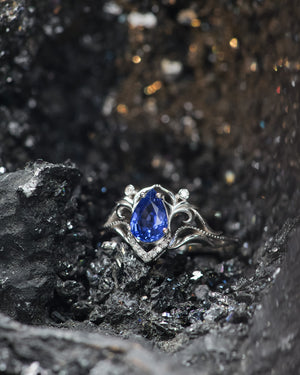 READY TO SHIP: Lida art nouveau engagement ring in 14K white gold, natural blue sapphire with lab diamonds, RING SIZE: 5.5 - 8.5 US