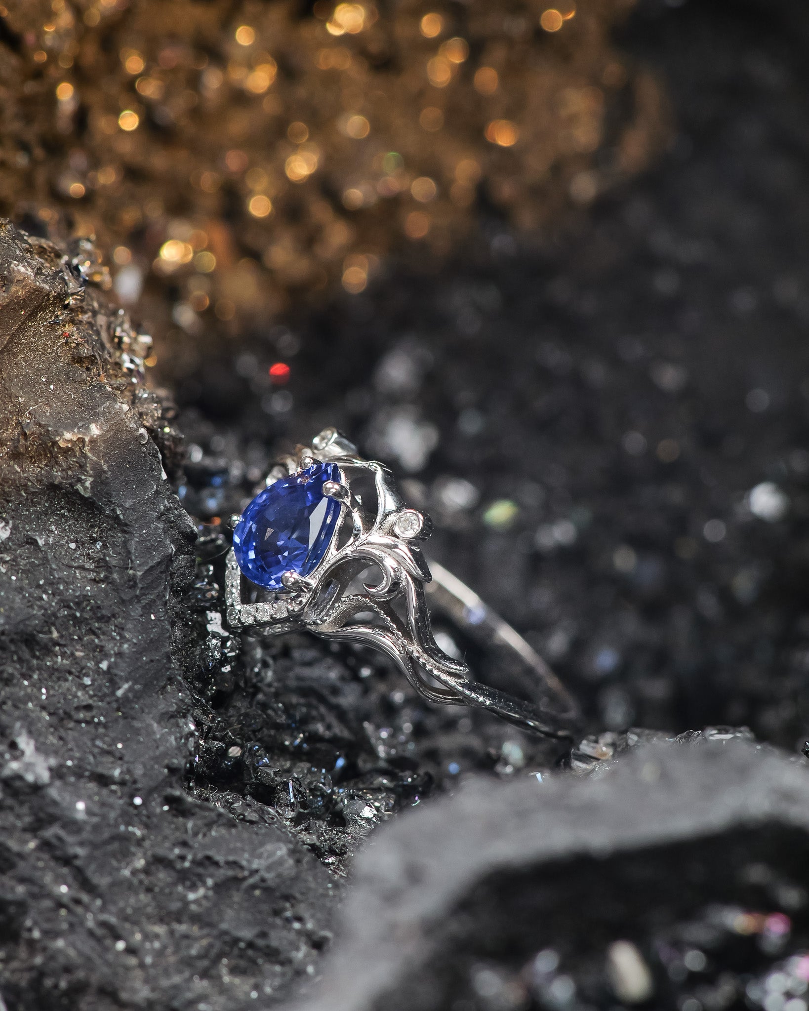 READY TO SHIP: Lida art nouveau engagement ring in 14K white gold, natural blue sapphire with lab diamonds, RING SIZE: 5.5 - 8.5 US - Eden Garden Jewelry™