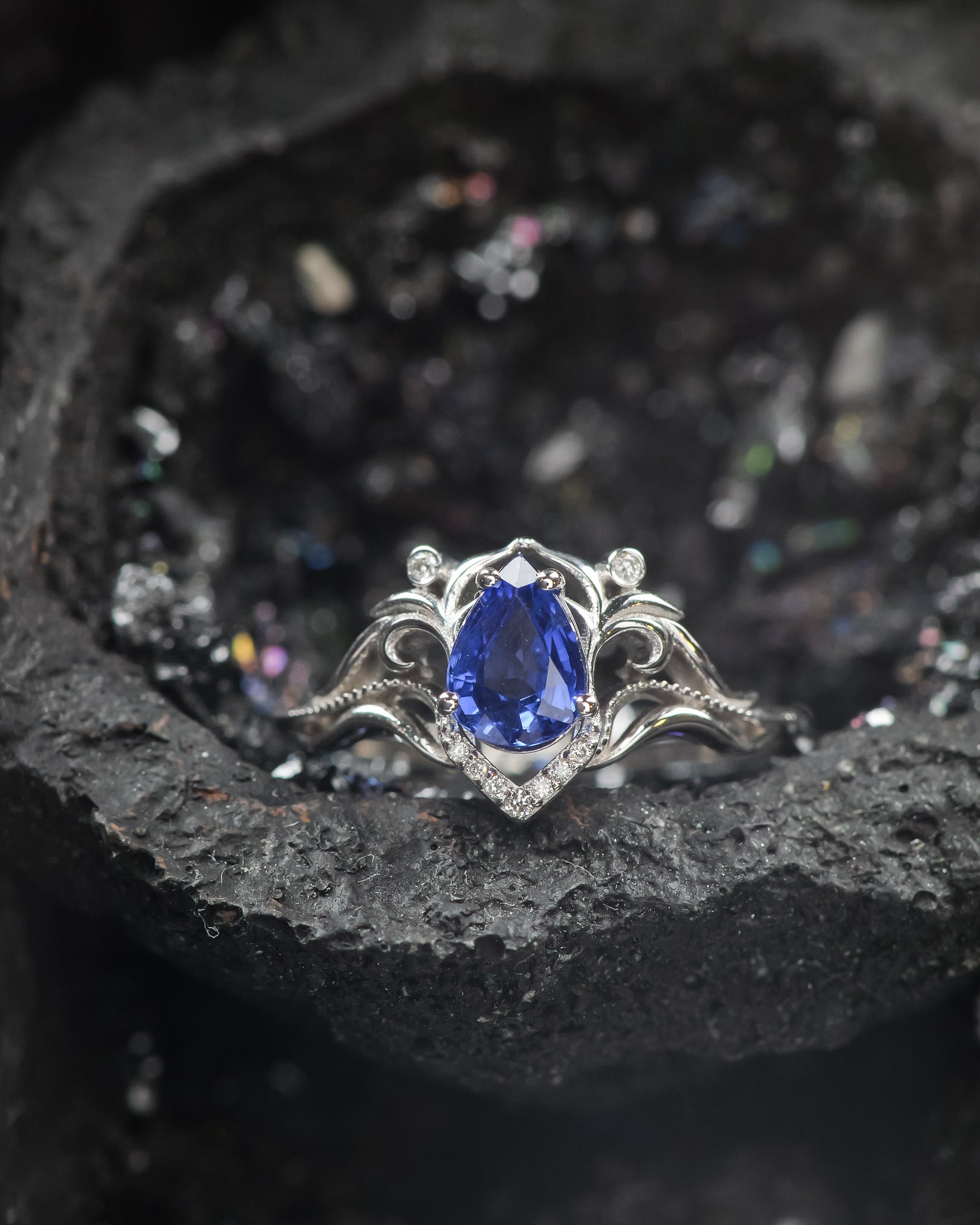 READY TO SHIP: Lida art nouveau engagement ring in 14K white gold, natural blue sapphire with lab diamonds, RING SIZE: 5.5 - 8.5 US