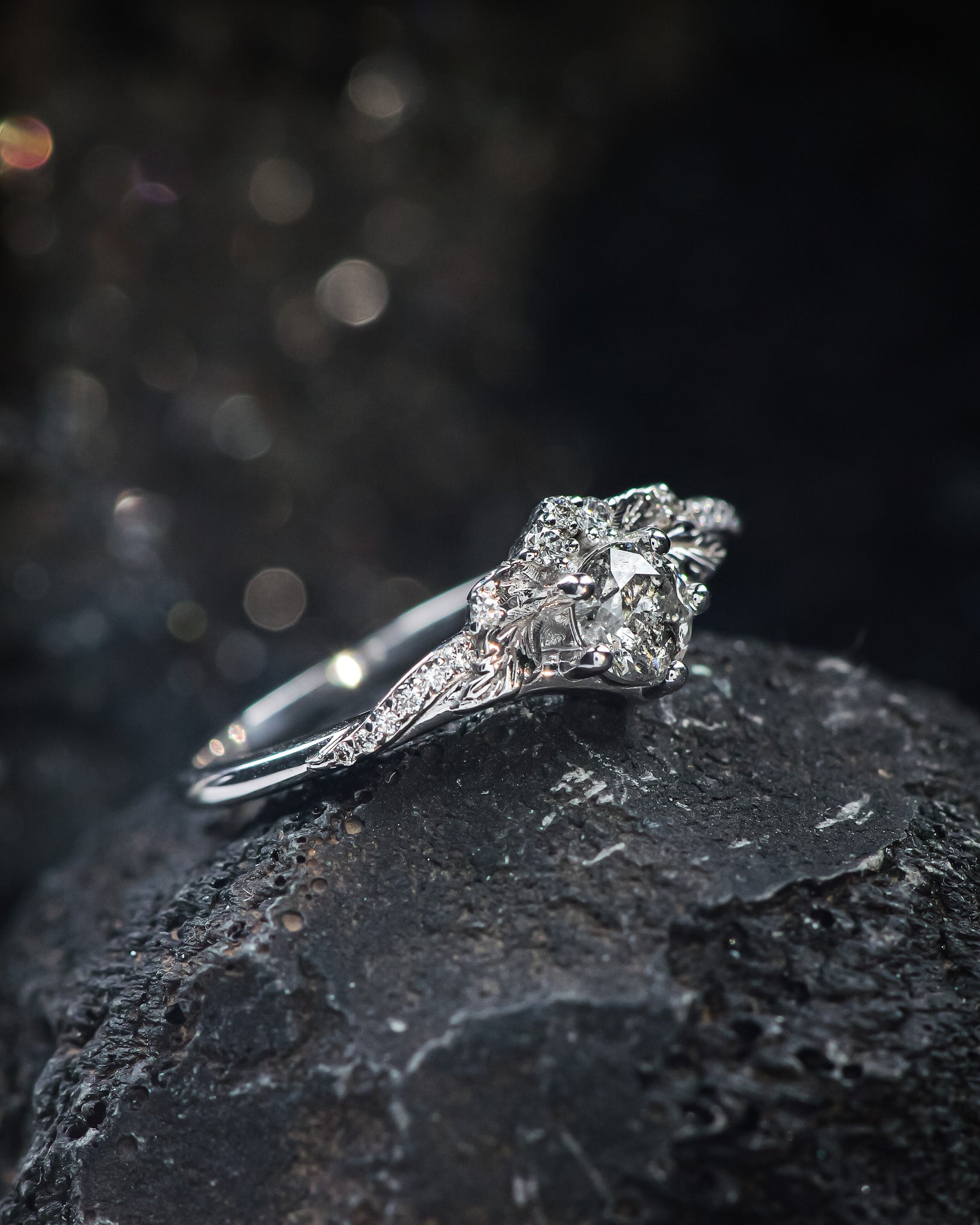 READY TO SHIP: Amelia ring in 18K white gold, natural 5mm salt & pepper diamond and accent diamonds, RING SIZE 7 - 10 US - Eden Garden Jewelry™