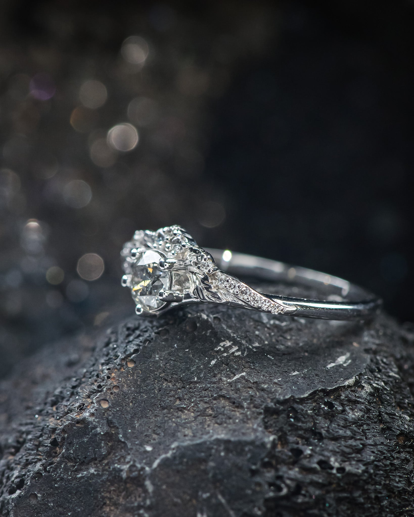 READY TO SHIP: Amelia ring in 18K white gold, natural 5mm salt & pepper diamond and accent diamonds, RING SIZE 7 - 10 US - Eden Garden Jewelry™