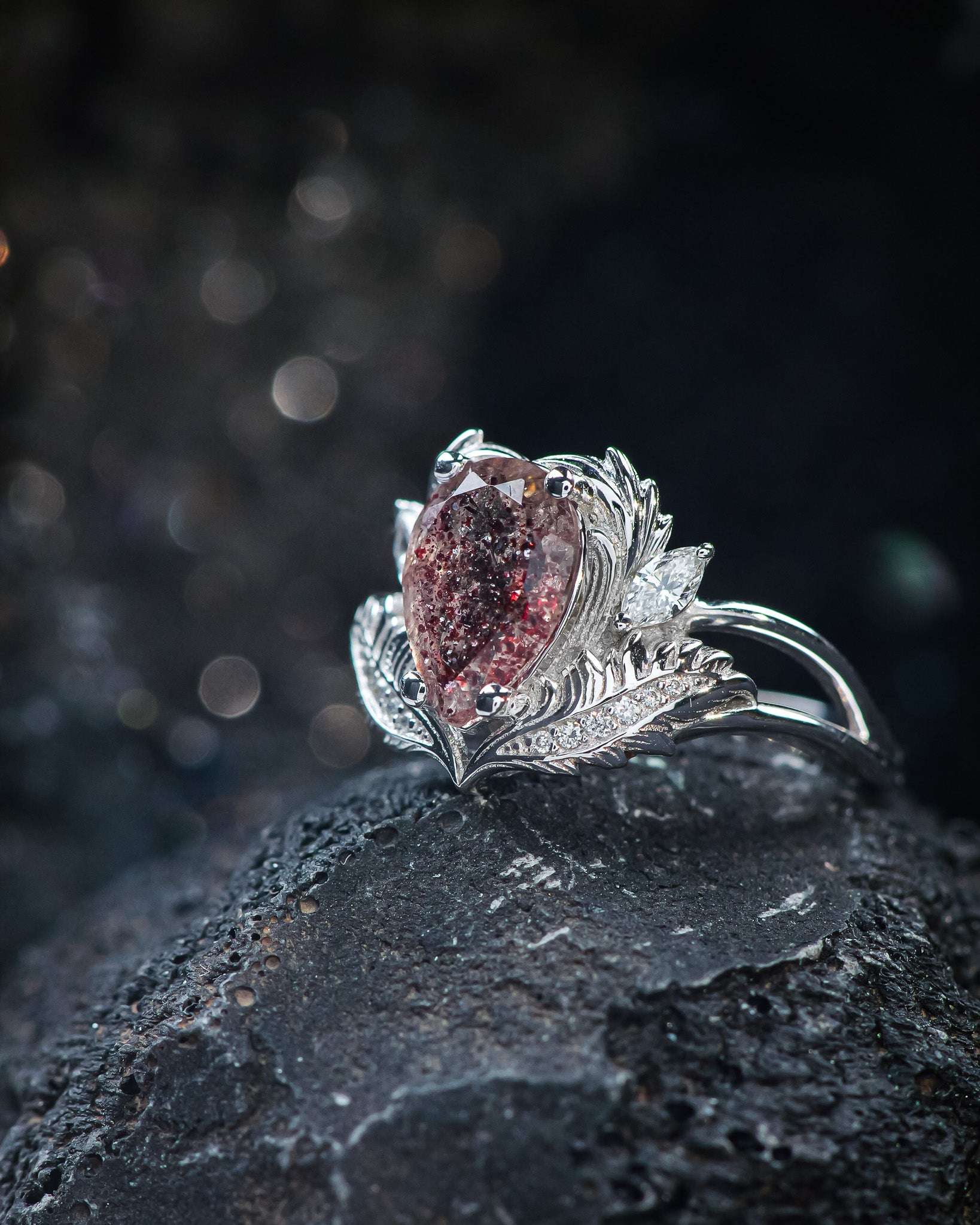 Unique melody quartz engagement ring, 10x7 mm central melody quartz & accent diamonds - Eden Garden Jewelry™