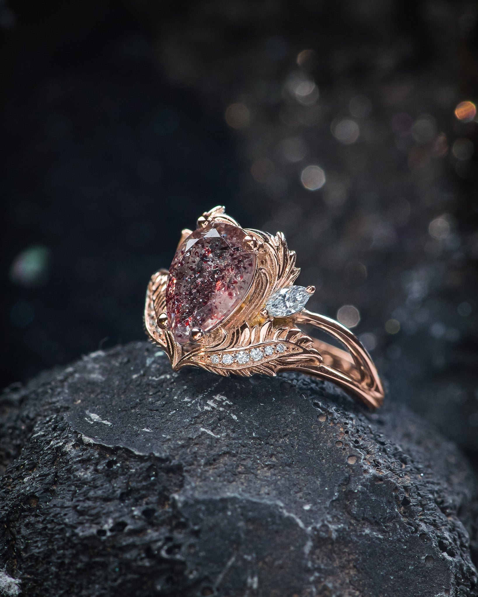 Unique melody quartz engagement ring, 10x7 mm central melody quartz & accent diamonds - Eden Garden Jewelry™