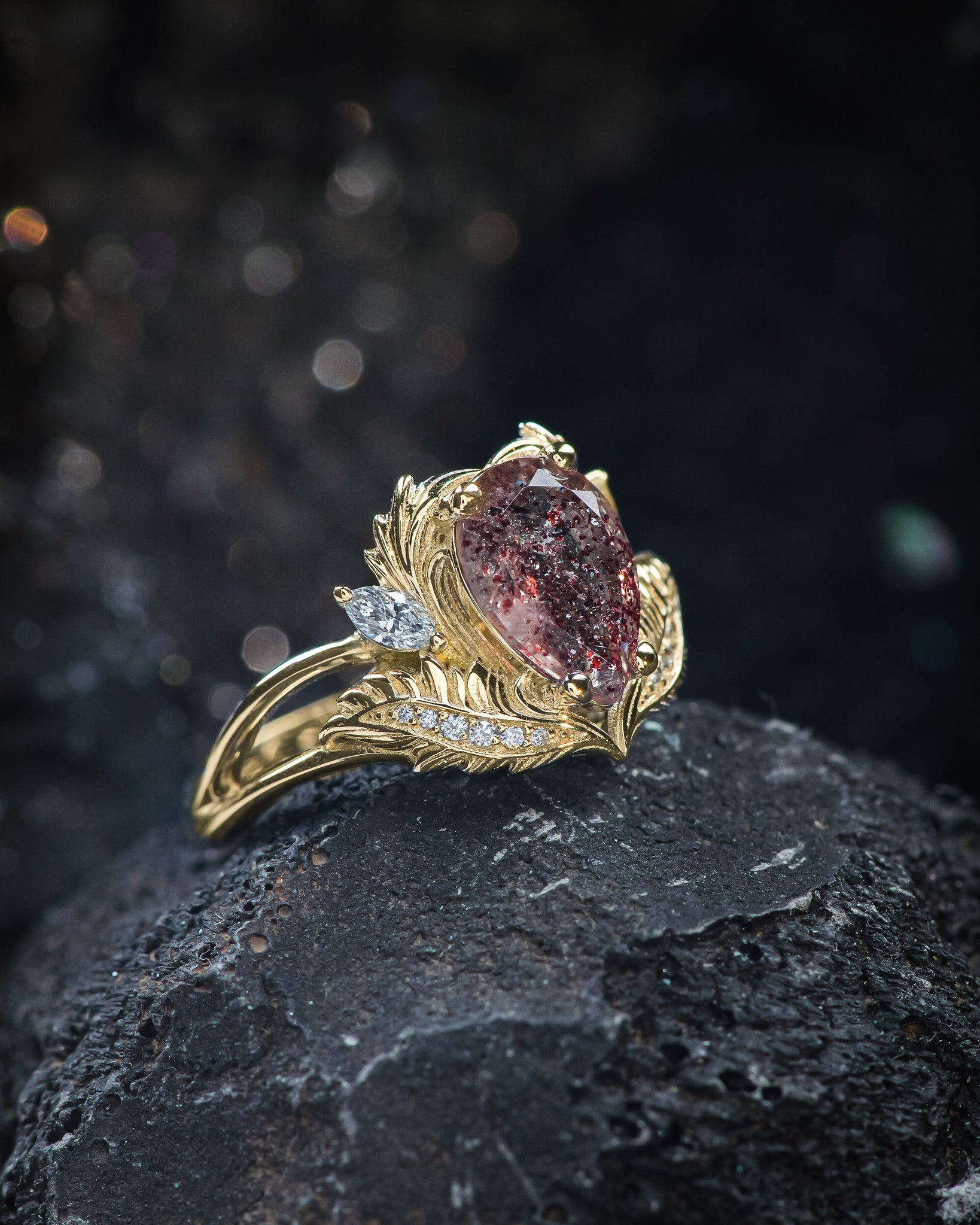 Unique melody quartz engagement ring, 10x7 mm central melody quartz & accent diamonds - Eden Garden Jewelry™