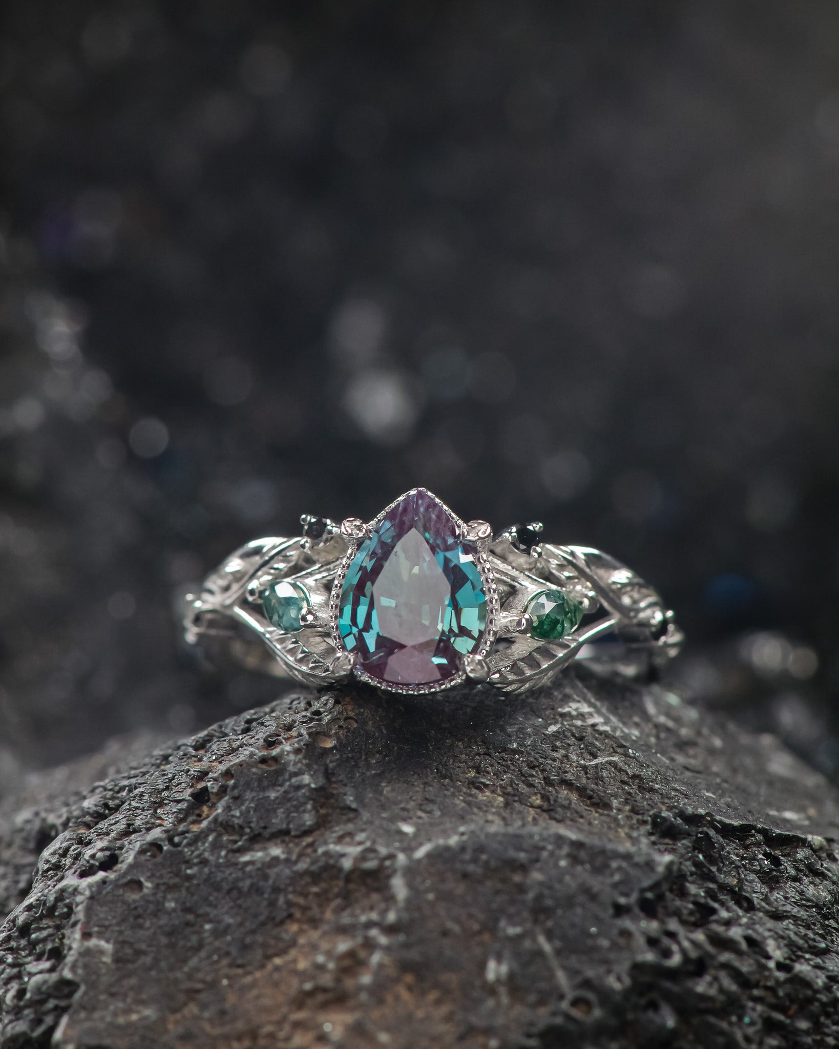Alexandrite and accent moss agates engagement ring, gold branch ring with black diamonds / Patricia - Eden Garden Jewelry™