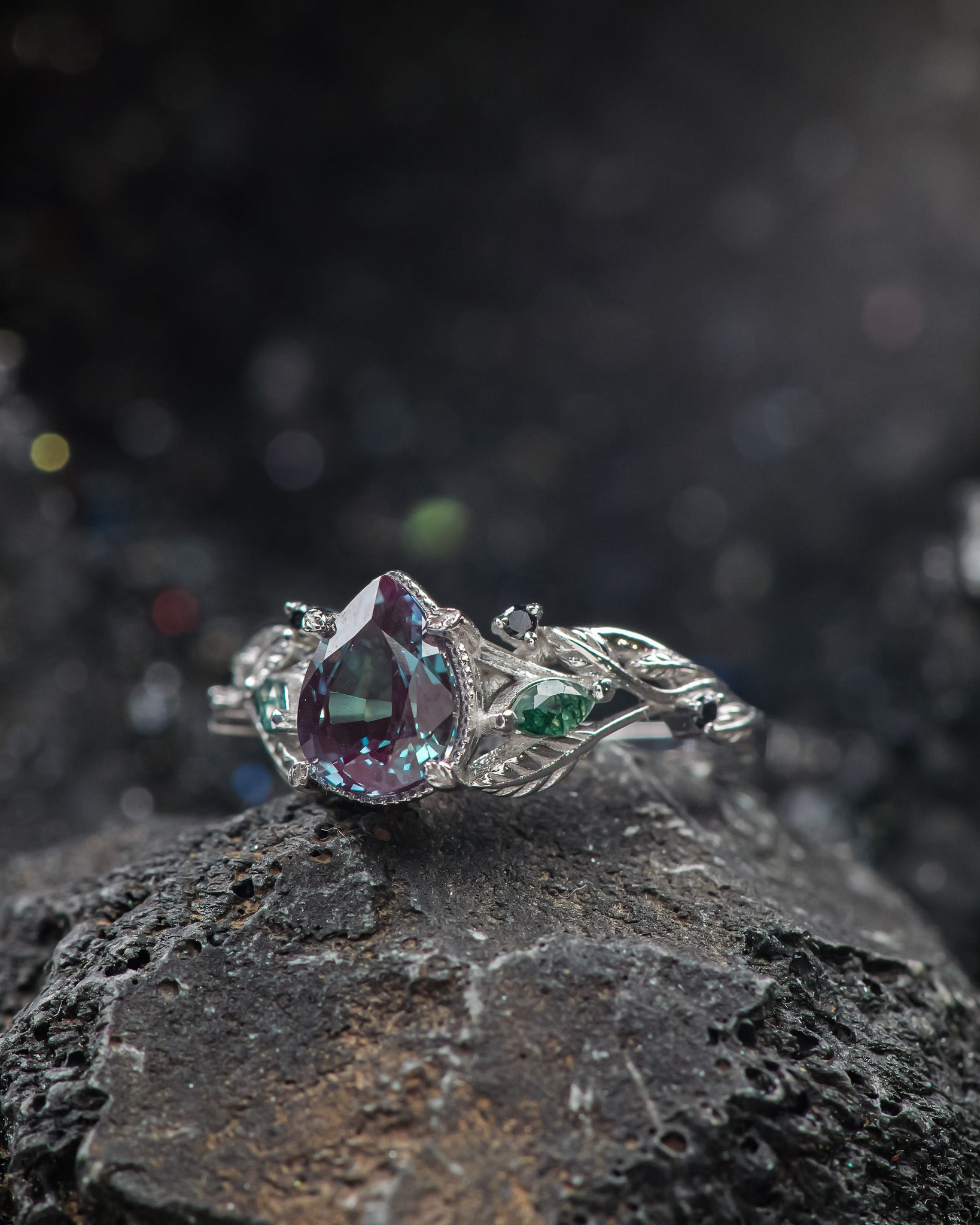Alexandrite and accent moss agates engagement ring, gold branch ring with black diamonds / Patricia - Eden Garden Jewelry™